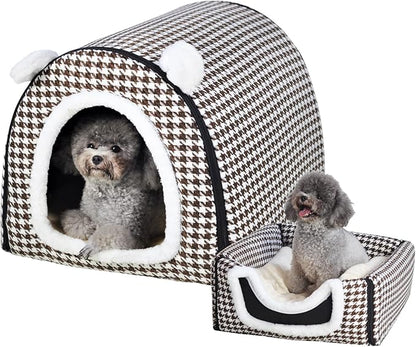Dog Bed or Cat Bed,2 Ways to Use,Indoor Pet House with Fluffy Mat,Removable and Washable Cover,Non-Slip Bottom,for Cats and Small Dogs(M Brown Cranes)