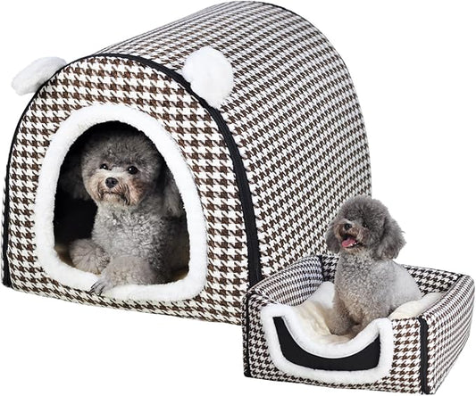 Dog Bed or Cat Bed,2 Ways to Use,Indoor Pet House with Fluffy Mat,Removable and Washable Cover,Non-Slip Bottom,for Cats and Small Dogs(M Brown Cranes)