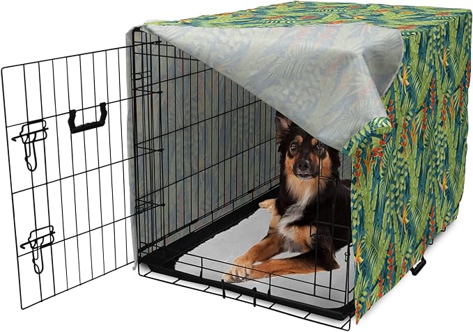 Lunarable Tropical Dog Crate Cover, Exotic Bird of Paradise Blossoms Banana and Areca Fan Palm Leaves, Easy to Use Pet Kennel Cover for Medium Large Dogs, 36 Inch, Yellow Green and Dark Teal