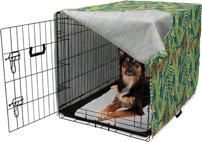 Lunarable Tropical Dog Crate Cover, Exotic Bird of Paradise Blossoms Banana and Areca Fan Palm Leaves, Easy to Use Pet Kennel Cover for Medium Large Dogs, 36 Inch, Yellow Green and Dark Teal