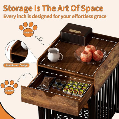 Dog Crate Furniture for Small Dogs, Chew-Proof Steel-Tube Dog Cage, Indoor Pet Crate End Table with Pet Mat, Decorative Dog Kennel with Drawer