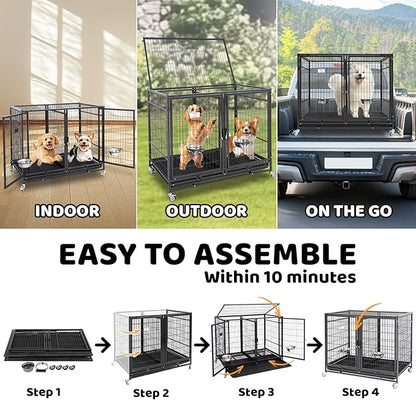 Homey Pet Stackable 43 inch Dog Crate Cage Kennel Indoor with Divider, 2X Steel Bowls, 4X Lockable Wheels, Tray, Heavy Duty Wire Dog Crates for Large/Medium/Small Dogs (Tall Model)