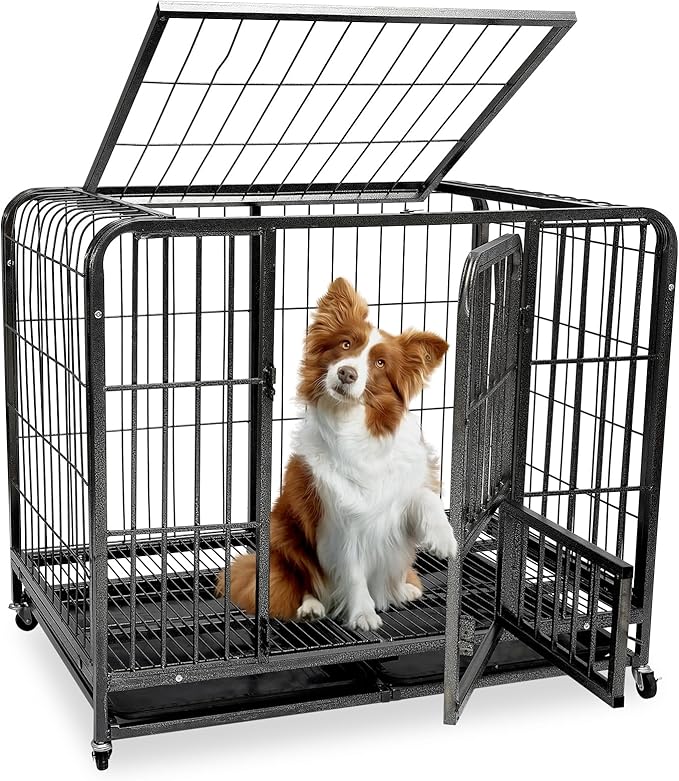37Inch Indestructible Metal Dog Crates for Small/Medium Dogs, Heavy Duty Escape Proof Dog Kennel Indoor with Lockable Wheels, Dog Crate 37" L x 25.2" W x 33" H