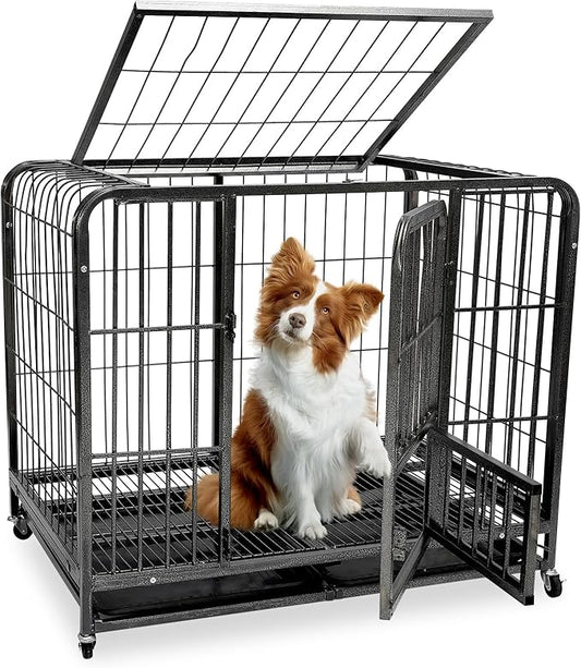 37Inch Indestructible Metal Dog Crates for Small/Medium Dogs, Heavy Duty Escape Proof Dog Kennel Indoor with Lockable Wheels, Dog Crate 37" L x 25.2" W x 33" H