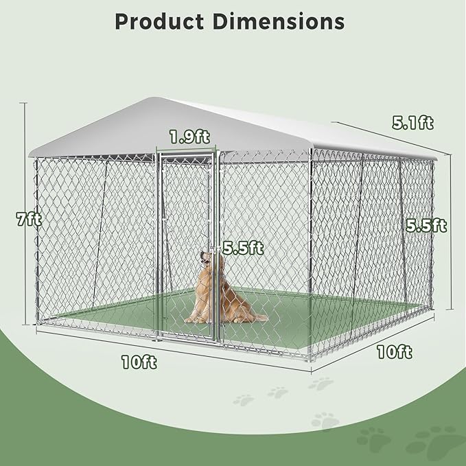 Upgraded 10×10×7FT Outdoor Dog Kennel with Roof, Large Dog House Pen Enclosure with Sidebar, Heavy Duty Chain Link Kennel with Lock for Outside Backyard