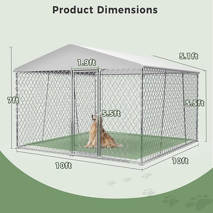 Upgraded 10×10×7FT Outdoor Dog Kennel with Roof, Large Dog House Pen Enclosure with Sidebar, Heavy Duty Chain Link Kennel with Lock for Outside Backyard