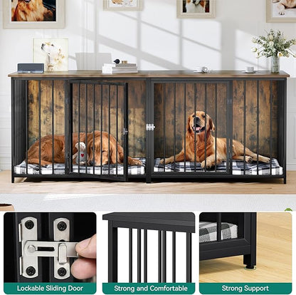 DWVO Double Dog Kennel Furniture, 80.2" Dog Cage Furniture with Divider, Double Dog Crate TV Stand for 2 Medium Dogs, Brown