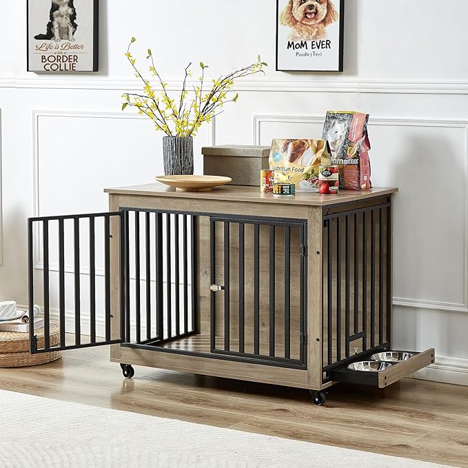 Dog Crate Furniture, Dog House Indoor with Feeding Bowl and Wheels, Wood Dog Crate Dog Kennels Decorative Dog Crate for Small Medium Dogs Grey 38.58" W x 25.2" D x 27.17" H One Size