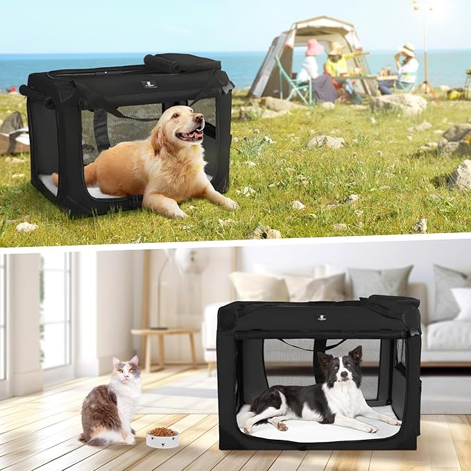 X-ZONE PET Dog Crate 3-Door Kennel, Collapsible Portable Soft Sided Pet Carriers for Indoor & Outdoor, Multiple (24-Inch, Carbon Black)