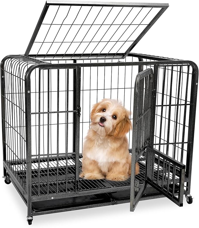 31inch Indestructible Metal Dog Crates for Small/Medium Dogs, Heavy Duty Escape Proof Dog Kennel Indoor with Lockable Wheels, High Anxiety Double Door with Removable Tray 31" L x 21.3" W x 28.7" H