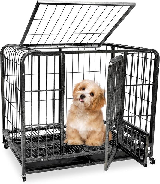 31inch Indestructible Metal Dog Crates for Small/Medium Dogs, Heavy Duty Escape Proof Dog Kennel Indoor with Lockable Wheels, High Anxiety Double Door with Removable Tray 31" L x 21.3" W x 28.7" H