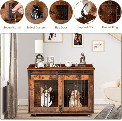 2 Rooms Dog Crate Furniture with Movable Divider,39" Wooden Dog Crate Table,Wooden Dog Kennel Pet House Cage,Flip Top 39.37”Wx25.2”Dx28.94”H