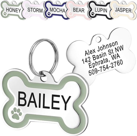 GoTags Stainless Steel Bone Dog Tag with Color Outline and Paw Print, Personalized Pet ID Tag for Dogs and Cats, Custom Engraving with up to 5 Lines of Text on Both Sides (Green, Regular)