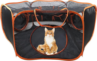 MiMu Dog Playpen Indoor Outdoor 4 Foot Cat Tent with Exercise Tunnel - Orange Pop Up Travel Playpen for Puppies, Kittens, Rabbits, Guinea Pigs, and Small Pets - Portable Enclosed Mesh Pen with Case