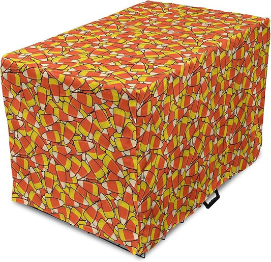 Lunarable Candy Corn Dog Crate Cover, Continuous Illustration of Cartoon Style Traditional Halloween Items, Easy to Use Pet Kennel Cover for Small Dogs Puppies Kittens, 18 Inch, Vermilion Mustard