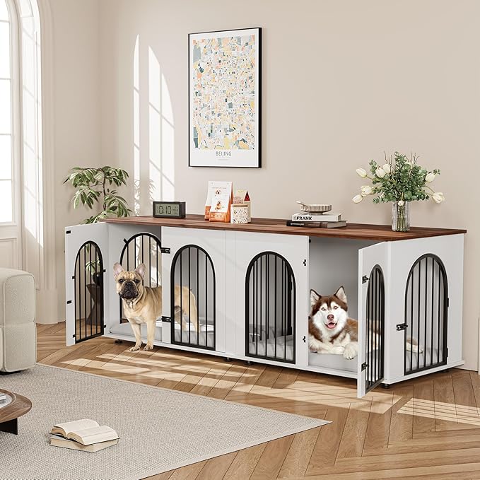 71" Large Dog Crate Furniture for 2 Dogs, Wooden Double Dog Crate with Door, Indoor Dog Kennel TV Stand with Divider and Cushion for Large Medium Dogs,White/Brown