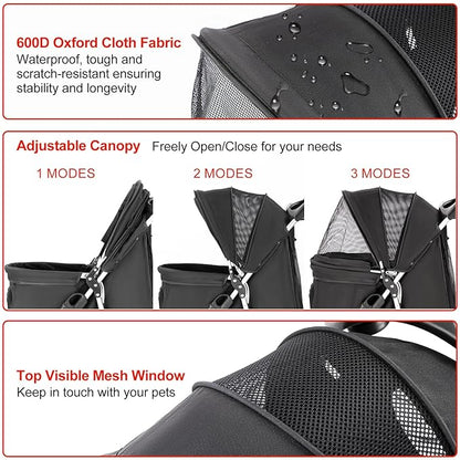 Pet Stroller for Medium Small Dogs and Cats, Folding Puppy Stroller Dog Cat Cage Jogger Stroller with Cup Holder and Storage Basket, 4 Wheels, Black