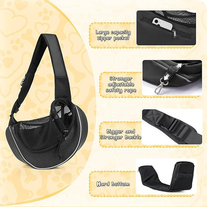 WOYYHO Dog Sling Carrier - Adjustable Strap,Hard Bottom,Large Zip Pocket,Breathable Mesh - Suitable for Puppies Outdoor Travel (Black M)