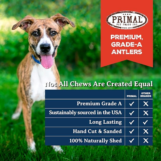 Primal Antlers for Dogs - Grade A Split Elk Antlers for Large Dogs 30-45 lb - Natural Dog Chews for Aggressive Chewers - Naturally Shed Antlers - Long Lasting Dog Bones - 1 ct