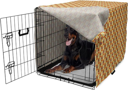 Lunarable Thanksgiving Dog Crate Cover, Checkered Pattern with Funny Cartoon Gobbler and Fallen Autumn Leaves, Easy to Use Pet Kennel Cover for Medium Large Dogs, 42 Inch, Red Yellow Brown