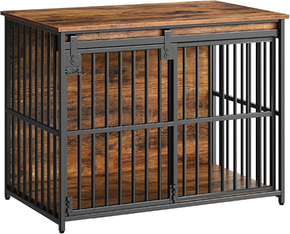 HOOBRO Dog Crate Furniture, 36.6" Heavy Duty Dog Kennel with Sliding Barn Door, Wooden Dog Cage Indoor, Decorative Side End Table for Small/Medium Dogs, Rustic Brown and Black FG162GW03G1