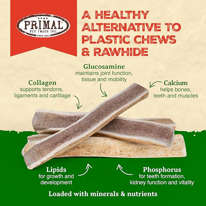 Primal Antlers for Dogs - Grade A Split Moose Antlers for Large Dogs 30-45 lb - Natural Dog Chews for Aggressive Chewers - Naturally Shed Antlers - Long Lasting Dog Bones - 1 ct