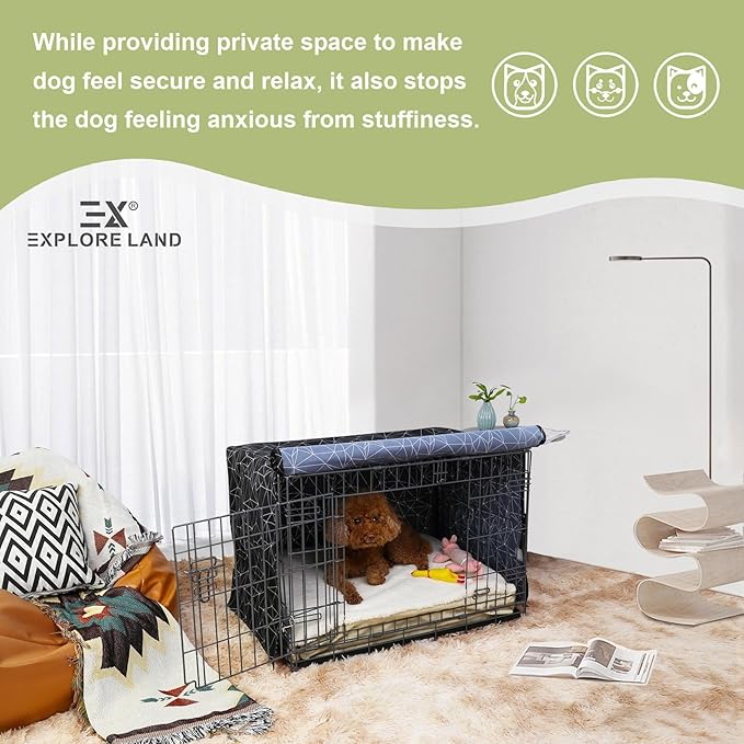 Explore Land Pattern Dog Crate Cover for 54 Inches Wire Cage, Heavy-Duty Polyester 1 2 3 Doors Standard Metal Pet Kennel Enclosure (Brief Polygonal)