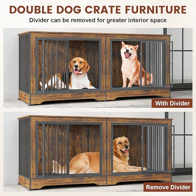 75 Inch Dog Crate Furniture, 3-in-1 Large Double Dog Crate with Trays and Divider, Doubled Dog Kennel Furniture Indoor, Dog Crate TV Stand for 2 Dogs (Brown)