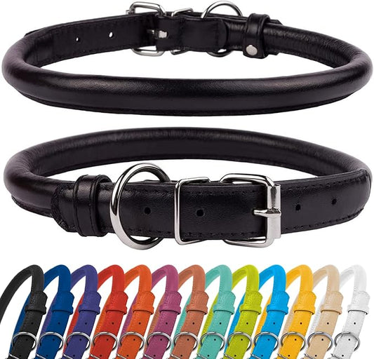 CollarDirect Rolled Leather Dog Collar, Soft Padded Round Puppy Collar, Handmade Genuine Leather Collar Dog Small Large Cat Collars 13 Colors (8-11 Inch, Black Textured)