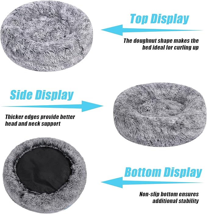 HYQ Small Dog Bed, Cat Beds for Indoor Cats, Pet Beds for Small Dogs, Fluffy Faux Fur Plush Small Dog Bed, Washable Puppy Bed with Anti-Slip Bottom, Dog Bed Small Size Dog (Gray-White, 24 Inch)