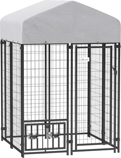 PawHut 3.9' x 3.9' x 6' Outdoor Dog Kennel, Welded Wire Heavy Duty Dog Run with 360° Rotating & 4 Level Adjustable Bowls, Dog Kennel Outside with Waterproof & UV Resistant Cover, for S&M Dogs