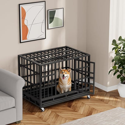 Greesum 38 INCH Heavy Duty Indestructible Dog Crate for Large Dog, Escape Proof Dog Cage Kennel, Extra Large Crate Indoor with High Anxiety Double Door, Lockable Wheels, Removable Tray