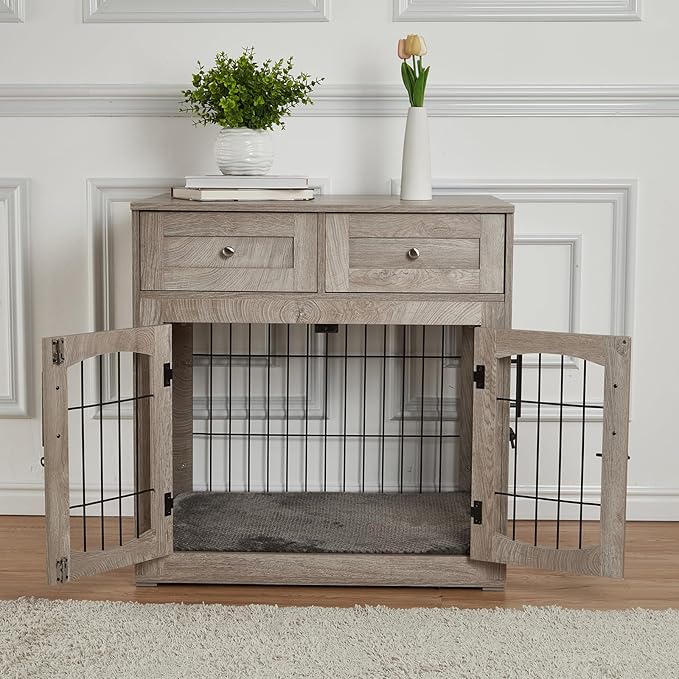 Dog Crate Furniture with Cushion,Wooden Dog Kennels Indoor with 2 Drawers,Dog Furniture Crate End Table with Storage