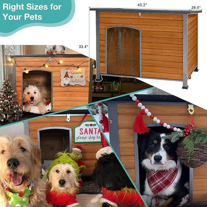 Indoor Outdoor Dog House,Anti-Chewing Iron Frame Dog Kennel,Wood Warm Pets Home,Weatherproof Outside Shelter (43.3" (L) x 29.4" (W) x 33.4" (H) Brown)
