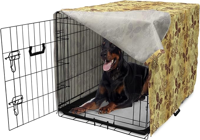Lunarable Yellow and Brown Dog Crate Cover, Butterflies with Lace Style Ornament Spring Season Beauty Nature Print, Easy to Use Pet Kennel Cover for Medium Large Dogs, 42 Inch, Chestnut Brown