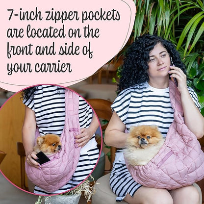 Dog and Cat Sling Carrier for Small Medium Puppy & Kitten Carrying, Wearable Crossbody Purse Bag with Adjustable Size and Shoulder Strap, Safety Clip, Two Zip Pockets (Pastel Pink)