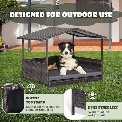 Giantex Wicker Dog House, Raised Rattan Dog Bed with Waterproof Roof, Washable Cushion Cover, Steel Frame, Indoor Outdoor Elevated Dog Bed Pet House for Small Medium Dogs Cats, Easy Assembly