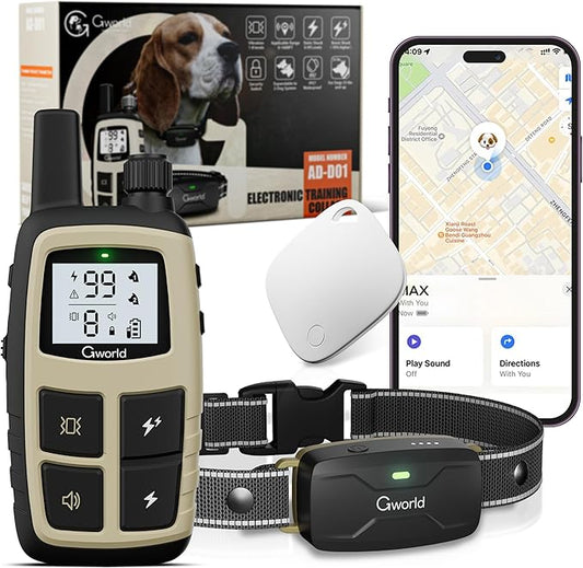 GWORLD i tag Dog Collar No Monthly Rent GPS trackers for Dogs (Only iOS) with Smart Tracker 2 in-1 Dog Training Collar with Remote Innovative IPX7 Waterproof, for All Breeds Sizes