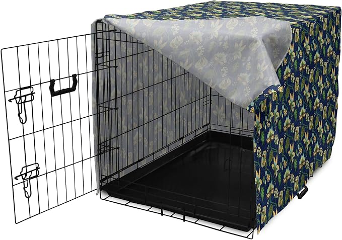 Lunarable Jacobean Dog Crate Cover, Triangles with Floral Pattern Stalks Leaves Flowers Whimsical Nature, Easy to Use Pet Kennel Cover for Cats & Medium Dogs, 30 Inch, Dark Blue Green Mustard
