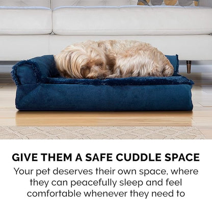 Furhaven Memory Foam Dog Bed for Large/Medium Dogs w/ Removable Bolsters & Washable Cover, For Dogs Up to 55 lbs - Plush & Velvet L Shaped Chaise - Deep Sapphire, Large
