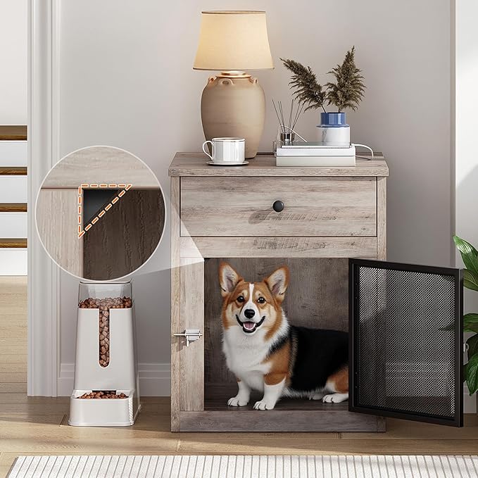 HOOBRO Dog Crate Furniture, Dog Kennel with Drawer and Charging Station, Indoor Decorative Puppy House, Wooden Pet Crate End Table for Small Dogs, Greige and Black BG58UGW03G1