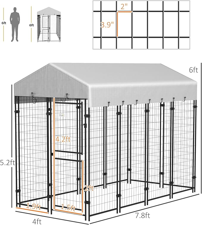 PawHut 7.8' x 6' Dog Kennel Outdoor with Waterproof Cover, Dog Playpen for Extra Large Dogs with Two Part Door Design, Silver
