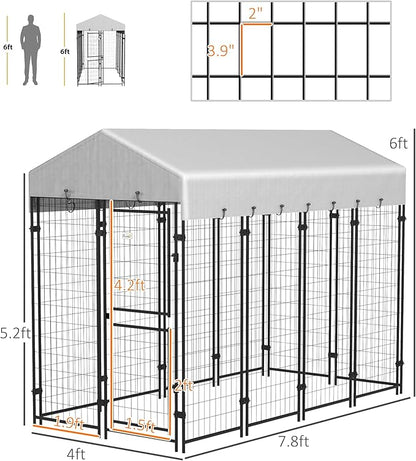 PawHut 7.8' x 6' Dog Kennel Outdoor with Waterproof Cover, Dog Playpen for Extra Large Dogs with Two Part Door Design, Silver