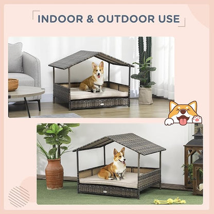 PawHut Wicker Dog House Outdoor with Canopy, Rattan Dog Bed with Water-Resistant Cushion, Raised Dog Bed for Small, Medium Dogs up to 66 lbs, 19.75" in Length, Brown Wicker, Khaki Cushion