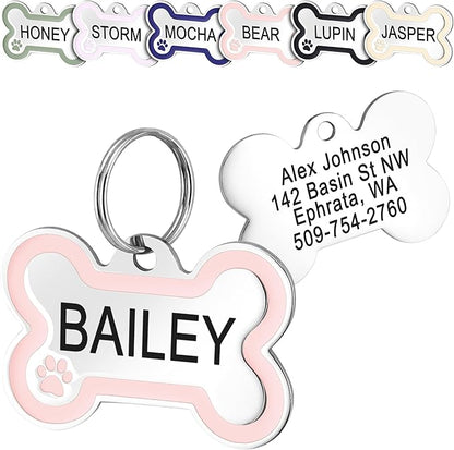 GoTags Stainless Steel Bone Dog Tag with Color Outline and Paw Print, Personalized Pet ID Tag for Dogs and Cats, Custom Engraving with up to 5 Lines of Text on Both Sides (Pink, Regular)