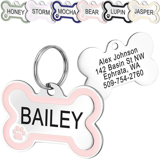 GoTags Stainless Steel Bone Dog Tag with Color Outline and Paw Print, Personalized Pet ID Tag for Dogs and Cats, Custom Engraving with up to 5 Lines of Text on Both Sides (Pink, Regular)