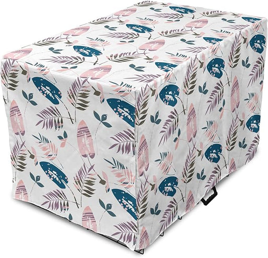 Ambesonne Leaves Dog Crate Cover, Abstract Foliage in Pastel Colors Tropical Jungle Forest Plants with Grunge Effect, Easy to Use Pet Kennel Cover for Medium Large Dogs, 42 Inch, Petrol Blue Baby Pink