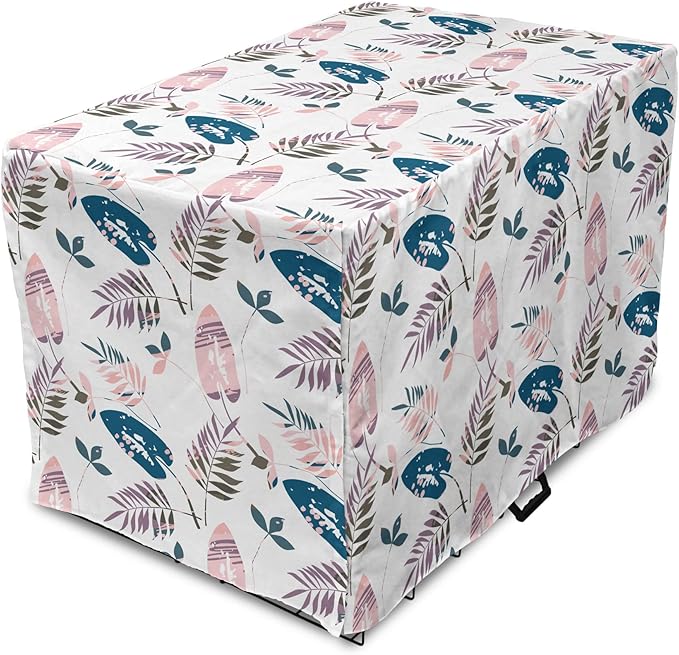 Ambesonne Leaves Dog Crate Cover, Abstract Foliage Pastel Colors Tropical Jungle Forest Plants Grunge Effect, Easy to Use Pet Kennel Cover Small Dogs Puppies Kittens, 22 Inch, Petrol Blue Baby Pink