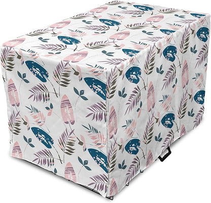Ambesonne Leaves Dog Crate Cover, Abstract Foliage Pastel Colors Tropical Jungle Forest Plants Grunge Effect, Easy to Use Pet Kennel Cover Small Dogs Puppies Kittens, 22 Inch, Petrol Blue Baby Pink