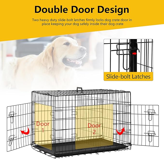 Furniture of America Yucca Metal Double Door Folding Wire Pet Crate with Divider, Removable Tray, and Handle for Outdoor and Indoor Medium Dog, 48-inch, Black